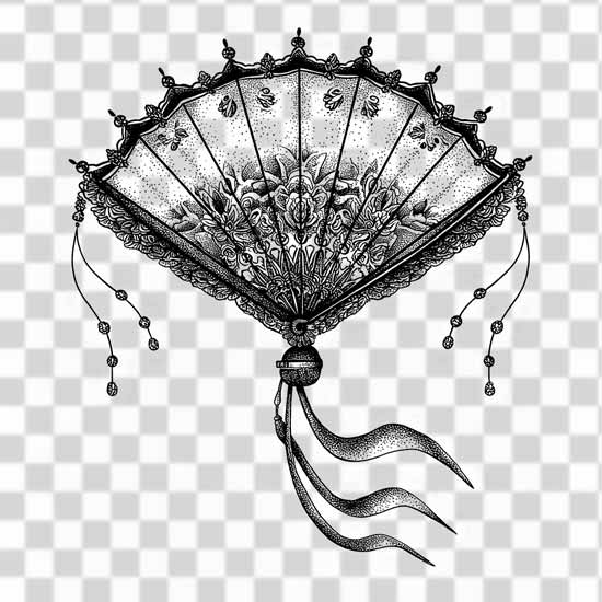 This is a black and white, stippling-style illustration of an ornate, open fan. black and white Traditional japanese fan with decorative designs transparent image