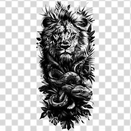 Unique powerful lion with snake tattoo transparent