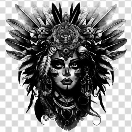 a black and white illustration of a woman's face adorned with an elaborate headdress png tattoo