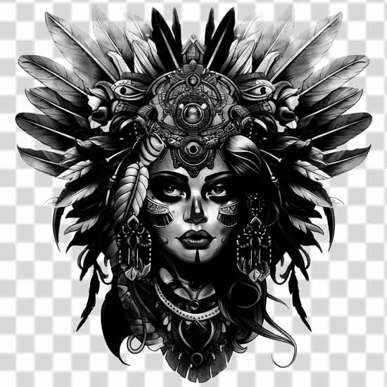 illustration of a woman's face adorned with an elaborate headdress a black and white illustration of a woman's face adorned with an elaborate headdress png tattoo