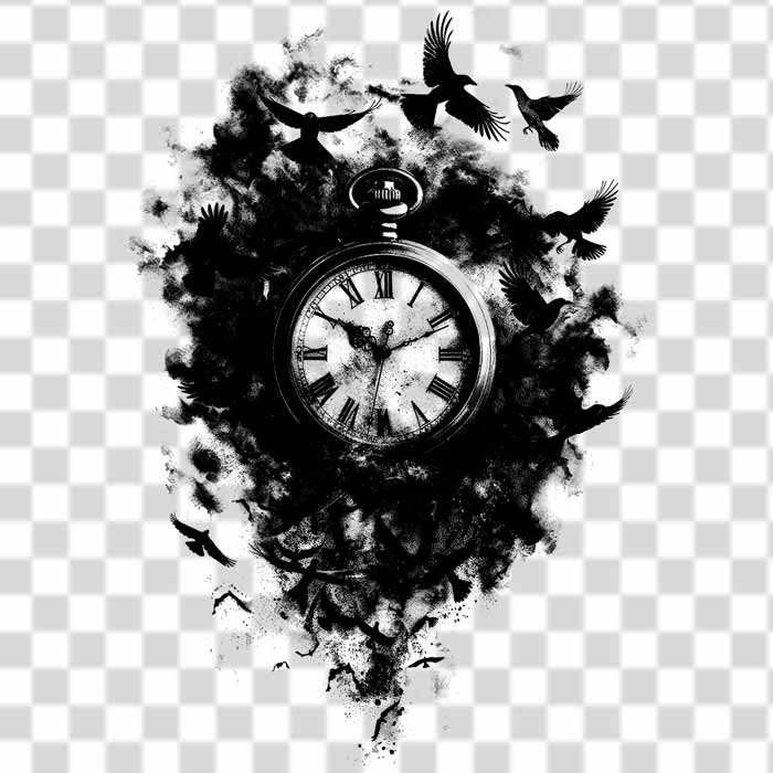 A pocket watch is surrounded by black ink splashes and silhouettes of birds in flight. A pocket watch is surrounded by black ink splashes and silhouettes of birds in flight in transparent background