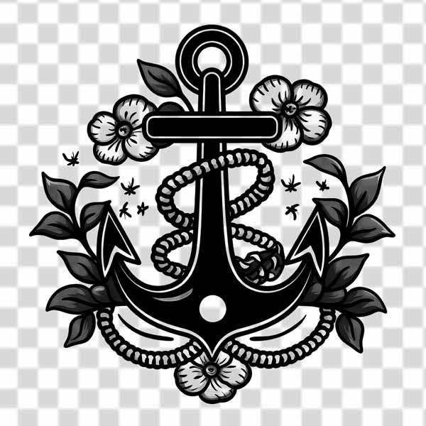 traditional-anchor-tattoo-transparent-and-some-flower traditional anchor tattoo transparent and some flower black and white style