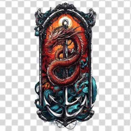 vertical tattoo-style illustration within an ornate, gothic inspired frame 4k