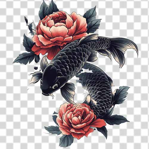 Japanese koi fish Tattoo PNG Design Free Download illustration of two koi fish swimming amongst vibrant pink peonies against a transparent Tattoo PNG Design Free Download
