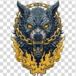ferocious head of wolf tattoo arm by a heavy golden chain transparent