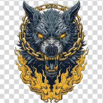 ferocious head of wolf tattoo arm by a heavy golden chain transparent