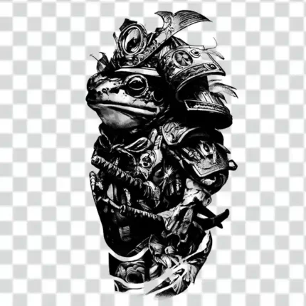 fantastical samurai warrior composed of a frog adorned with intricate armor and weapons tattoo png 4k