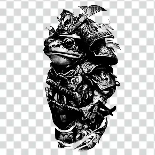 fantastical samurai warrior composed of a frog adorned with intricate armor and weapons. fantastical samurai warrior composed of a frog adorned with intricate armor and weapons tattoo png 4k