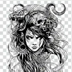 Scary girl with dragon and snake Tattoo in transparent background 4k
