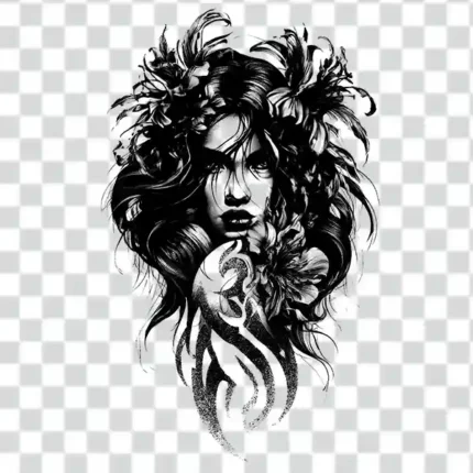 girl face with flowers tattoo png in transparent background