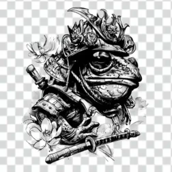 black and white Samurai frog illustration in transparent background 4k