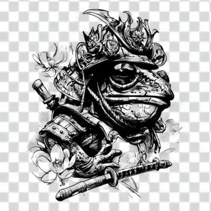 black and white Samurai frog illustration in transparent background 4k