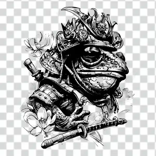 black and white Samurai frog illustration black and white Samurai frog illustration in transparent background 4k