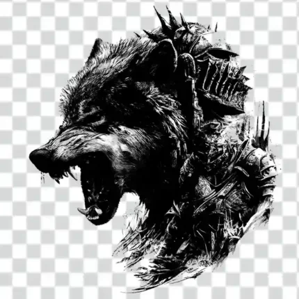 ferocious wolf's head wearing armor in tattoo png and transparent background, free use